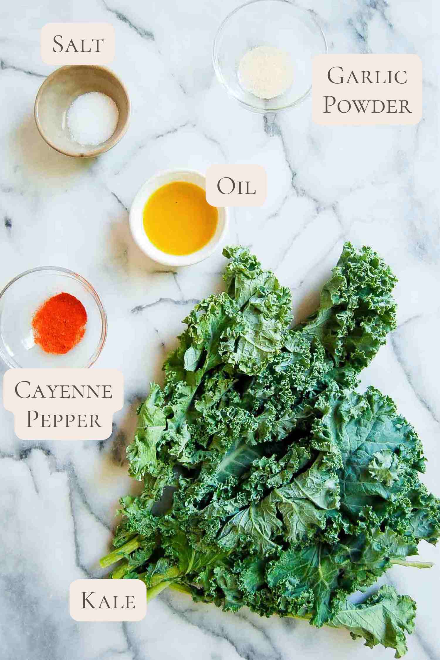 ingredients for air fryer kale chips on countertop, labeled.