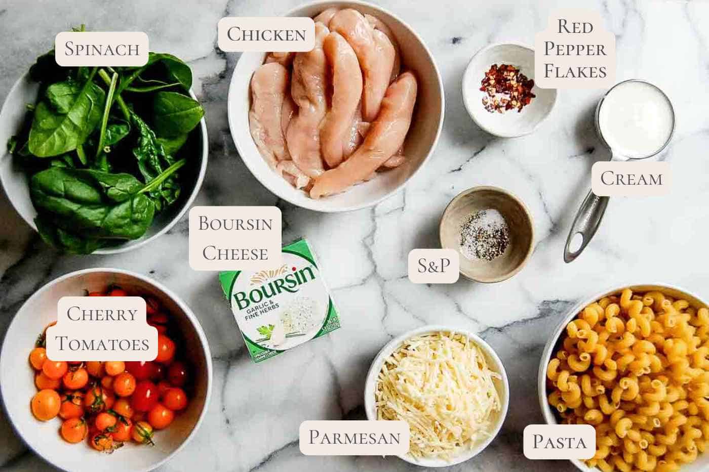 ingredients for cheesy boursin pasta on countertop, labeled.