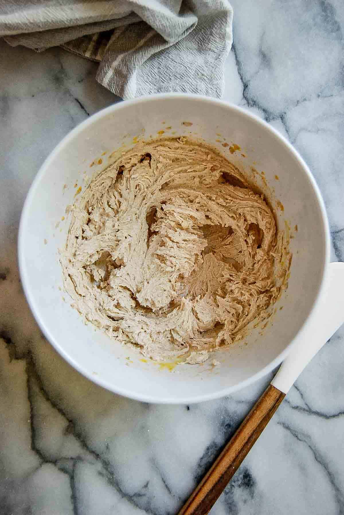 dough for brown butter snickerdoodles, mixed in bowl.