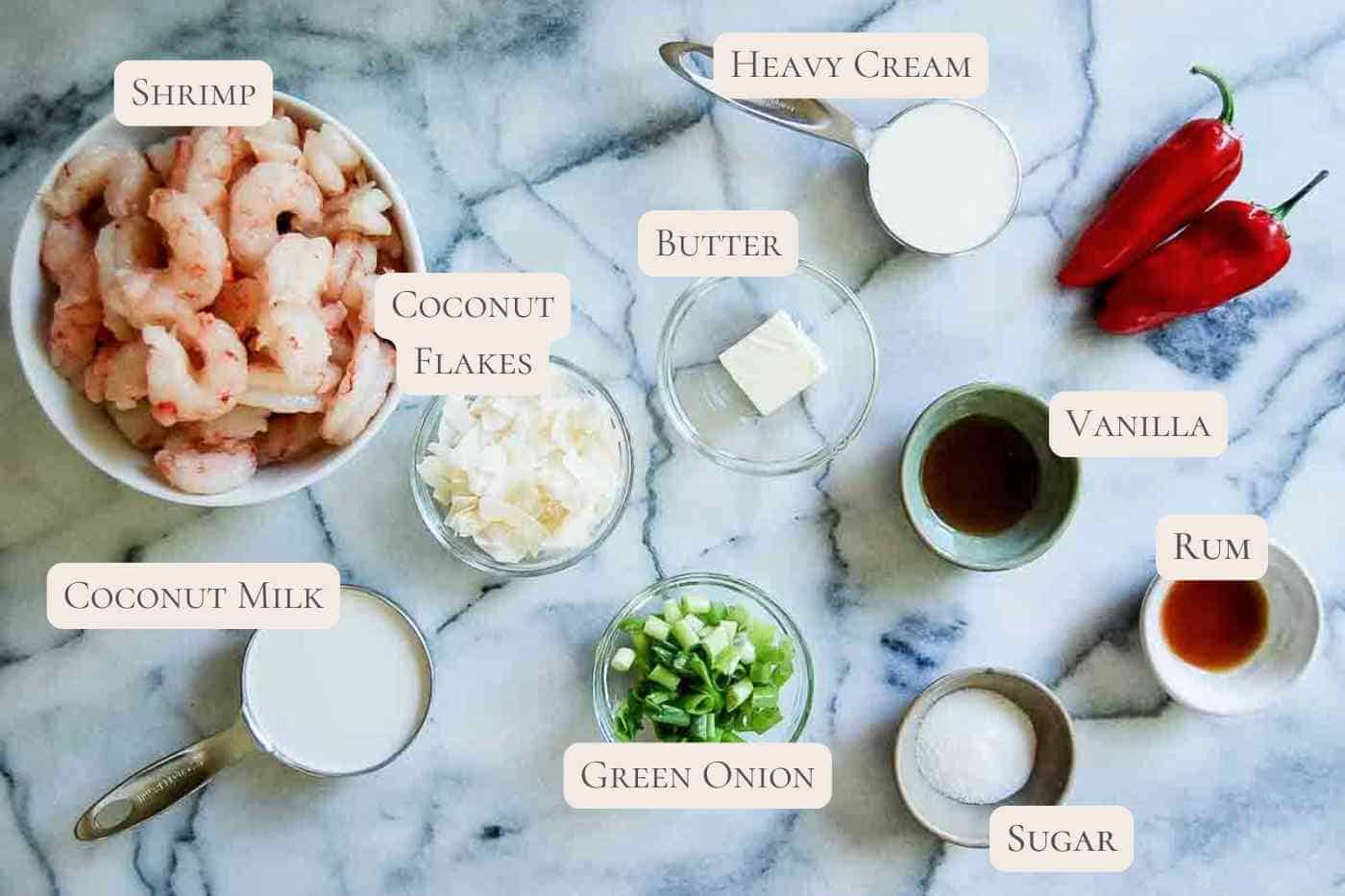 ingredients for chinese coconut shrimp on countertop, labeled.