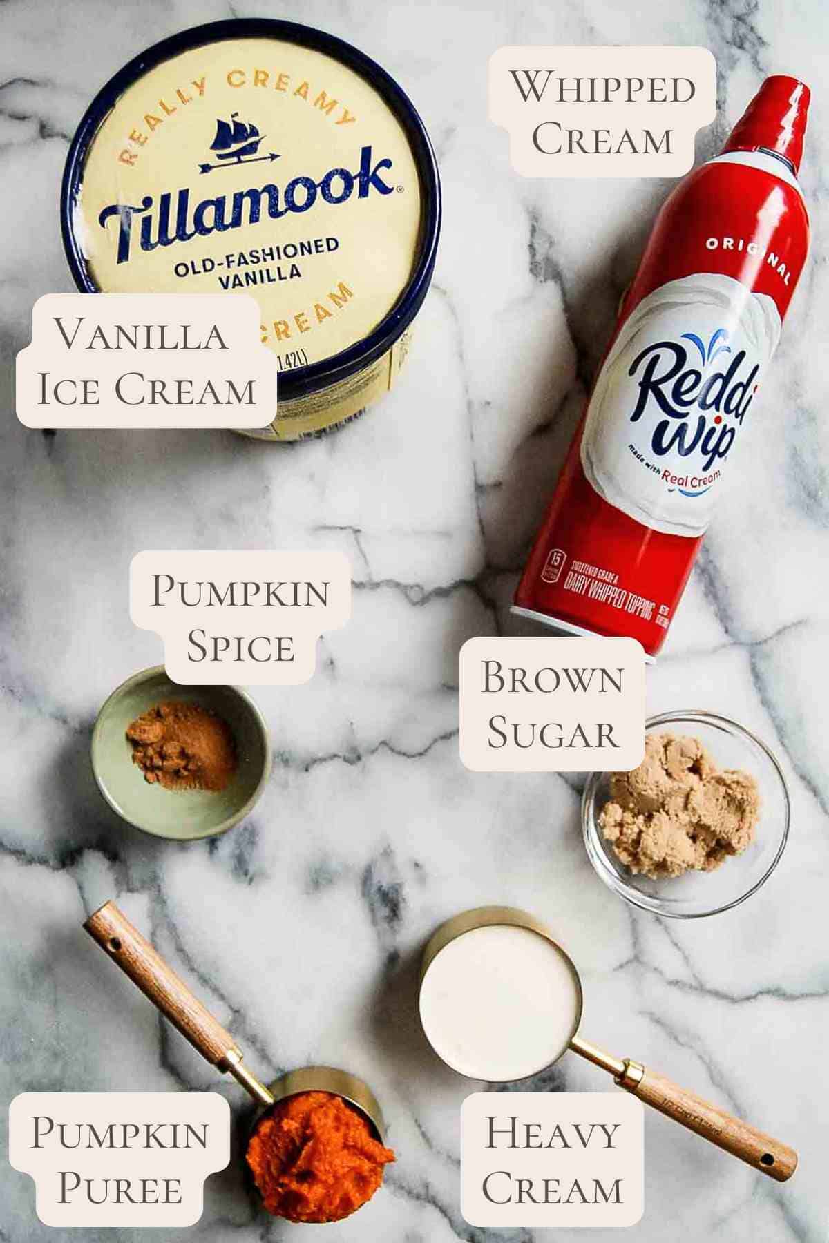 ingredients for pumpkin spice frosty on countertop, labeled.