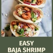 baja shrimp tacos on countertop.