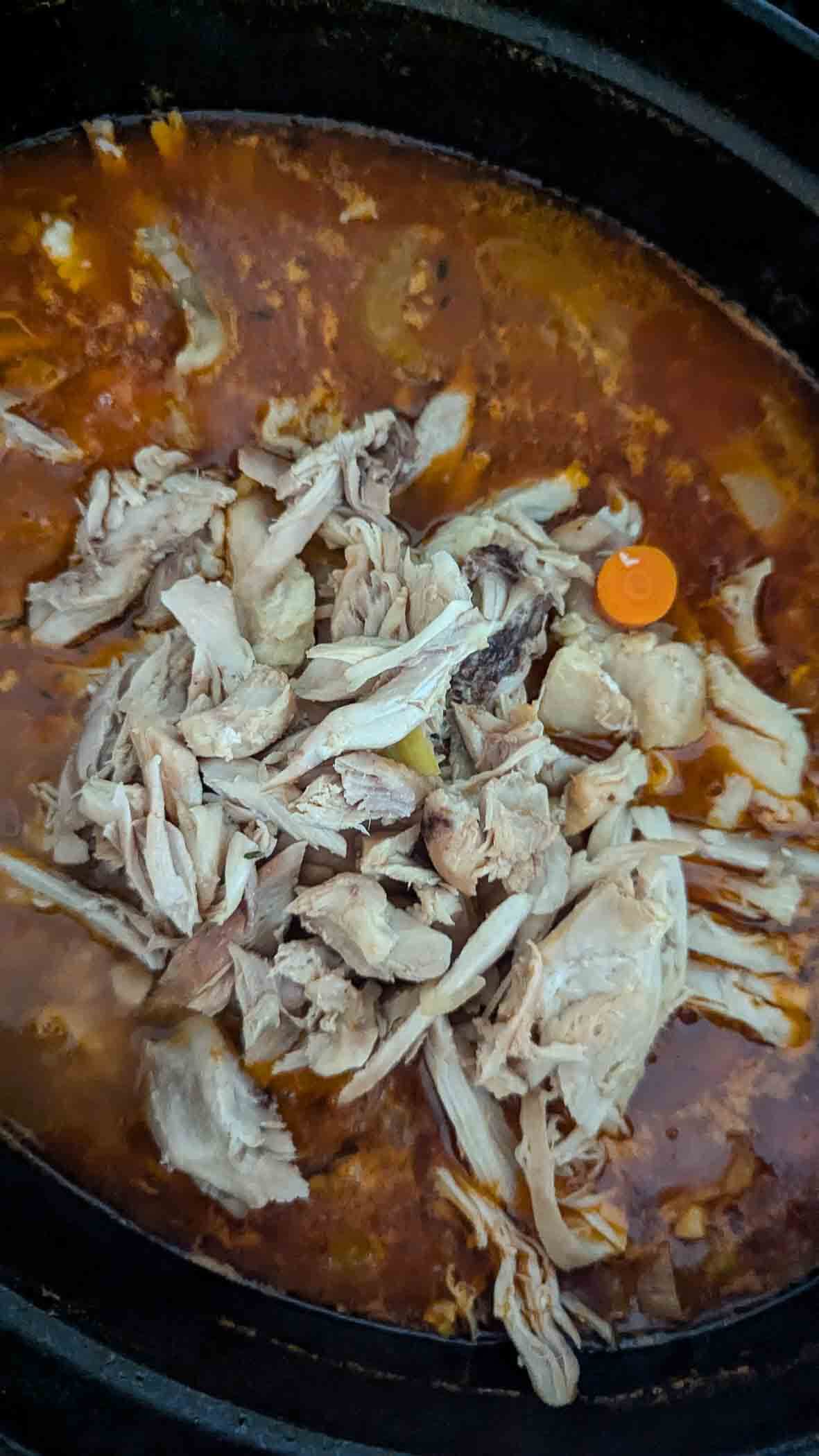 shredded chicken in pastina soup.