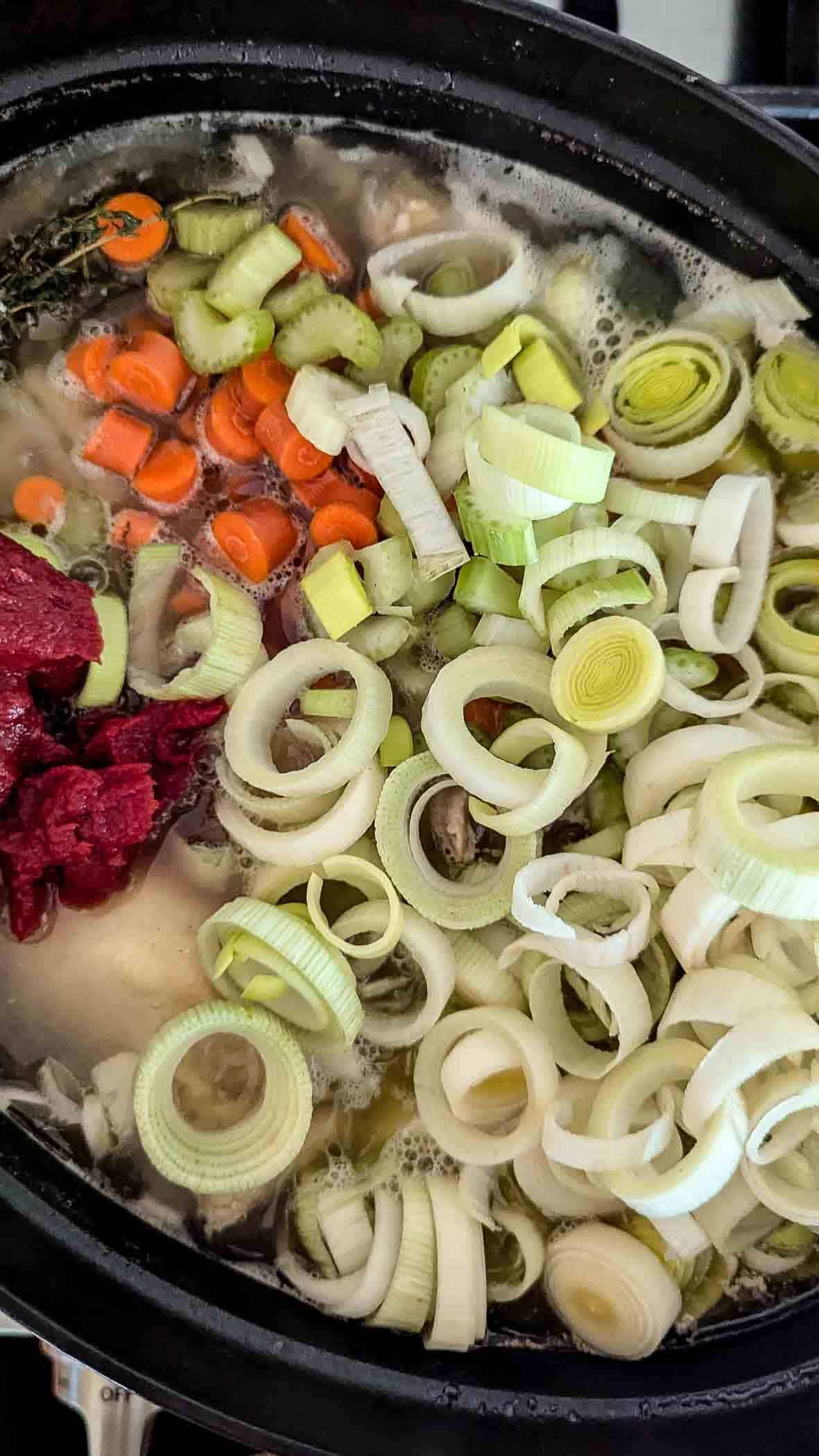chicken soup with leeks, carrots, celery, onions, and tomato paste., cooking in broth.