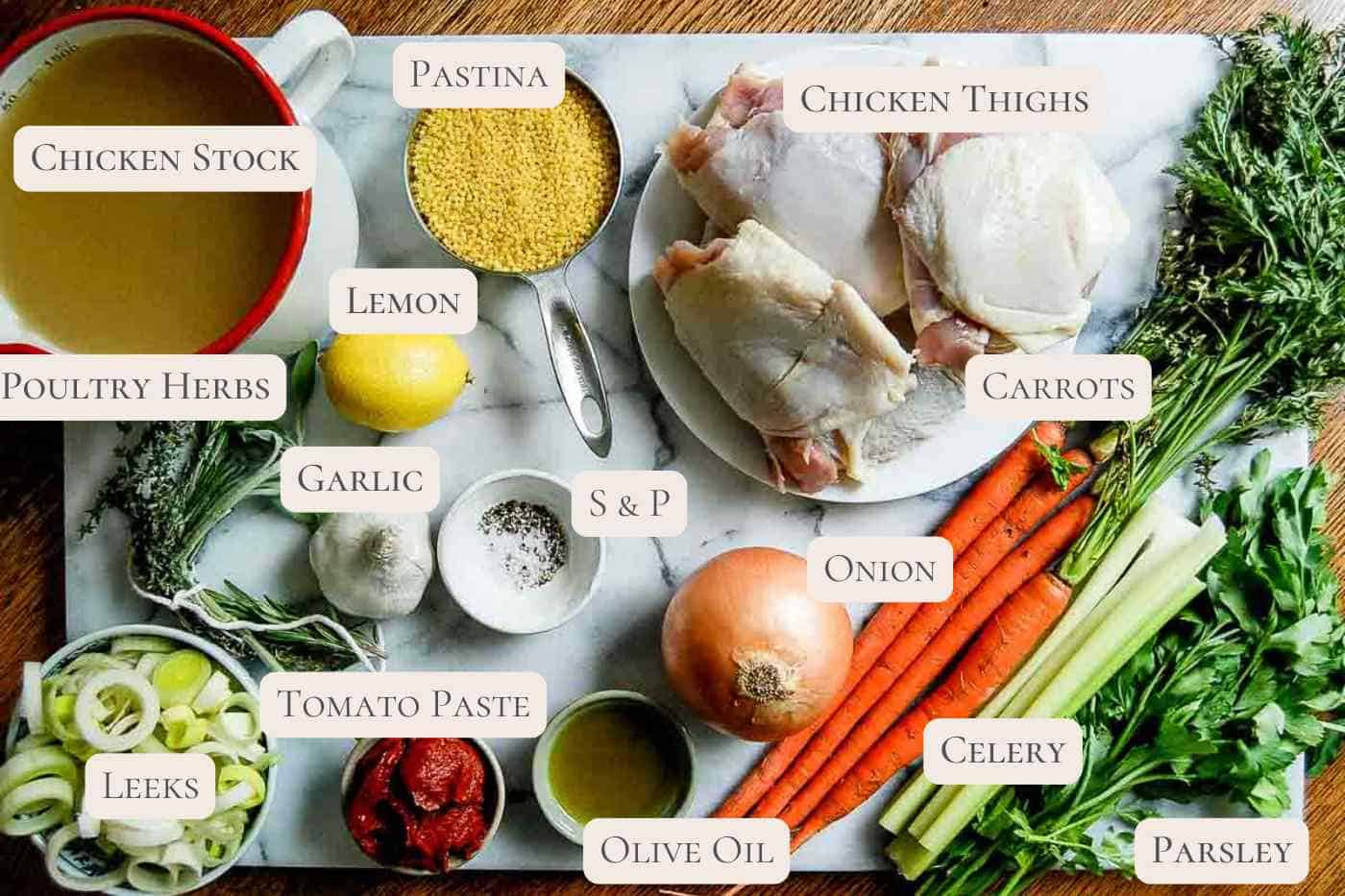ingredients for italian penicillian soup on countertop, labeled.
