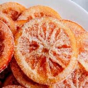 closeup of candied sugar orange slices.