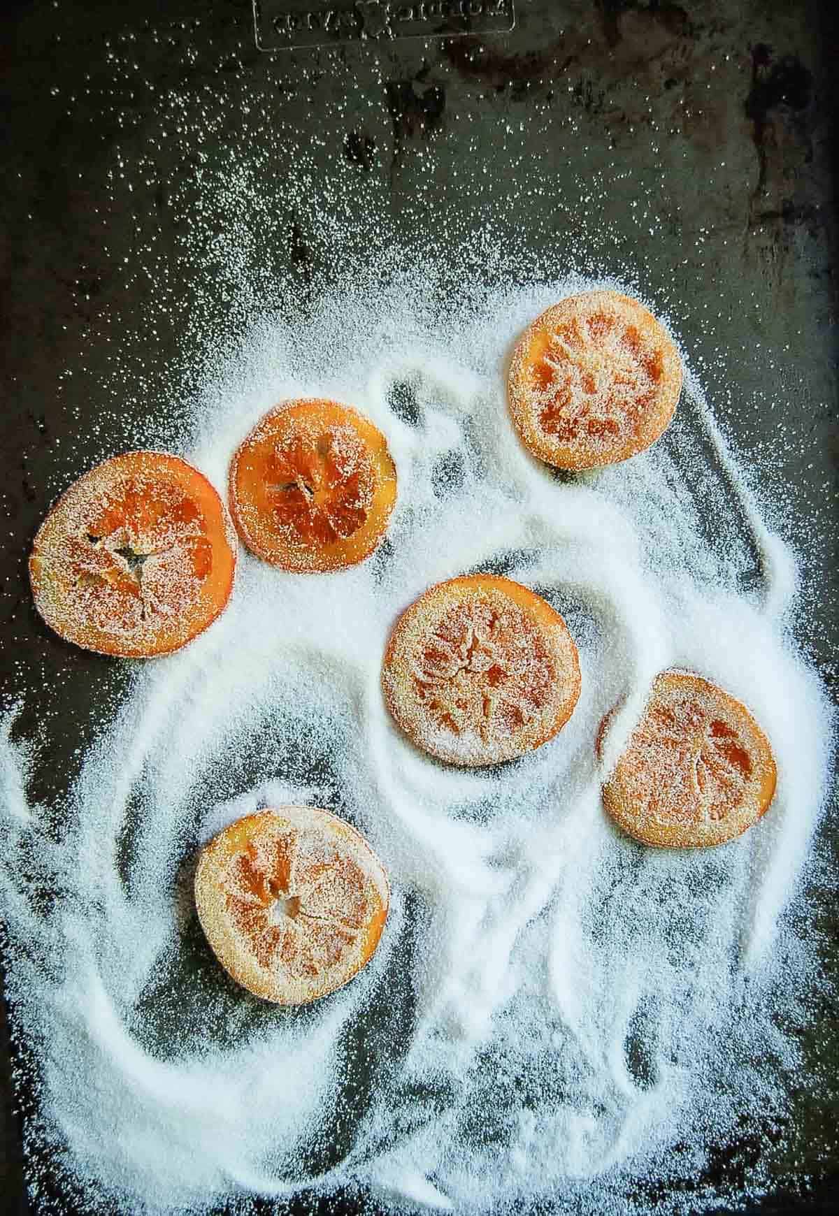 candied orange slices dipped in sugar.
