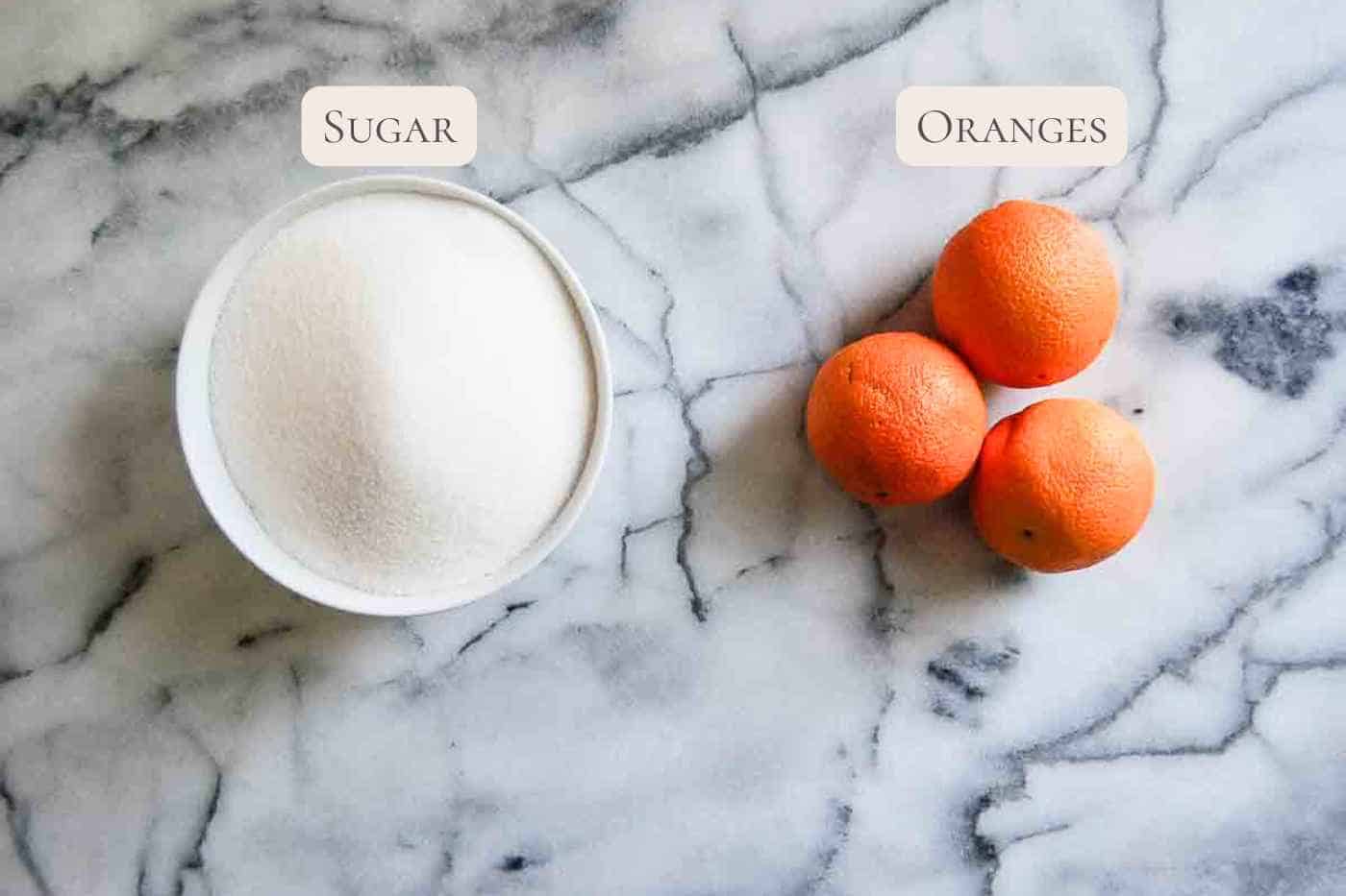 ingredients for candied orange slices.