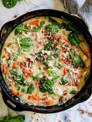 chicken florentine soup in pot on countertop.