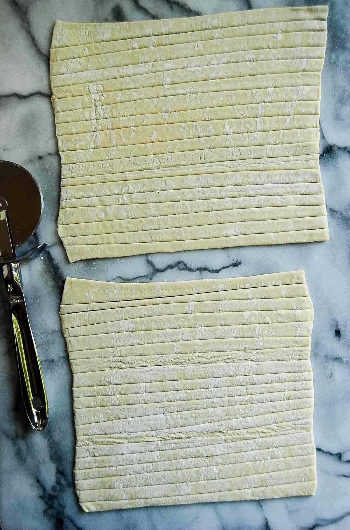 puff pastry rolled out and cut into strips.