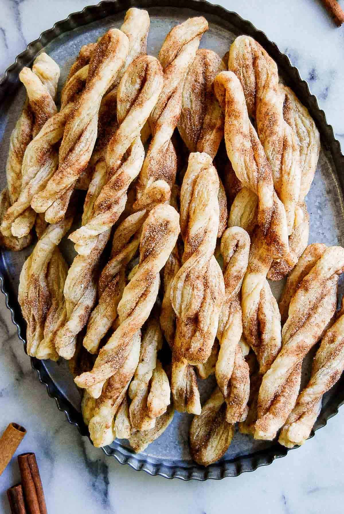 crunchy cinnamon twists on serving tray.