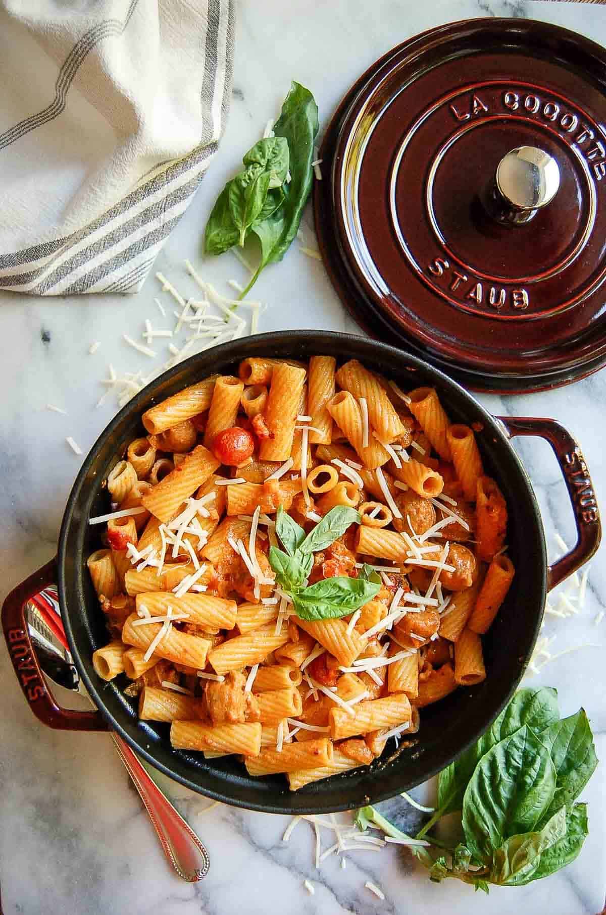 spicy rigatoni vodka pasta in pot on countertop.