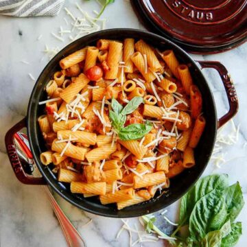 spicy rigatoni vodka pasta in pot on countertop.
