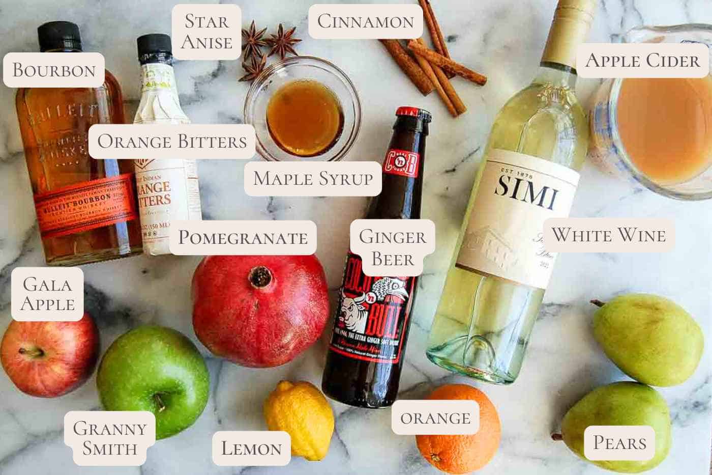 ingredients for white wine thanksgiving sangria on the countertop, labeled.