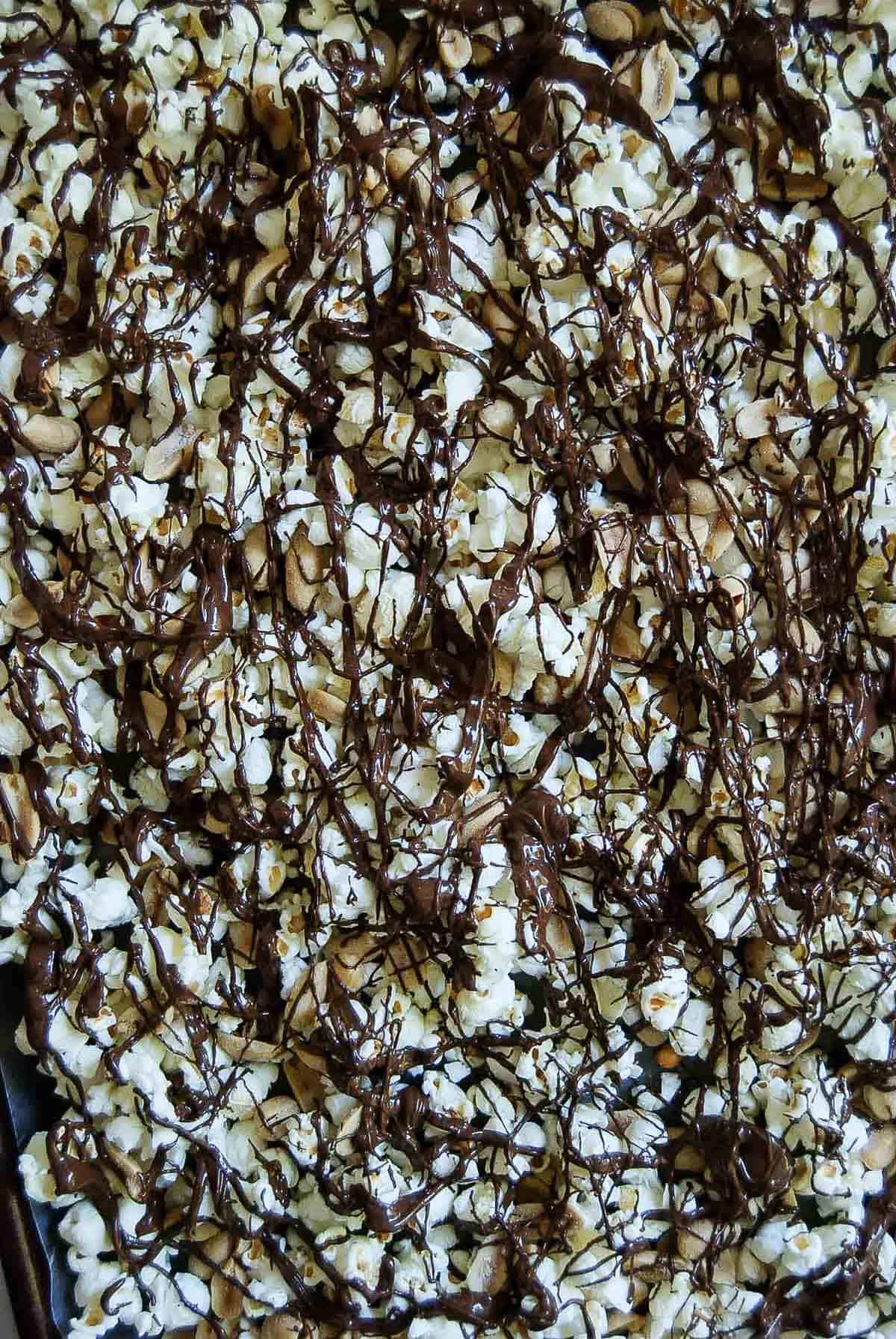 closeup of chocolate drizzled popcorn with peanuts.