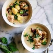 2 bowls of slow cooker chicken meatballs with gnocchi.