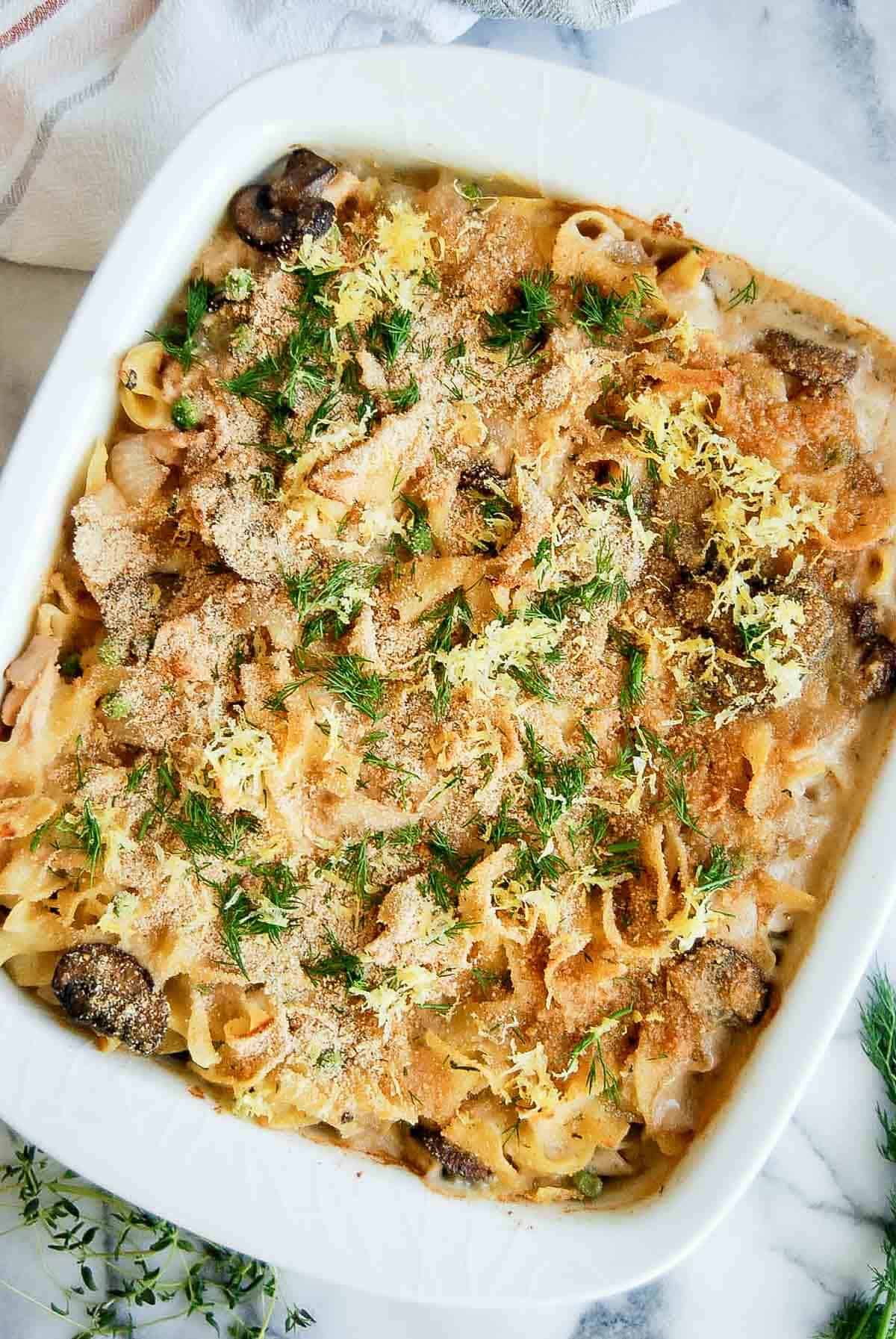 tuna helper casserole in baking dish.