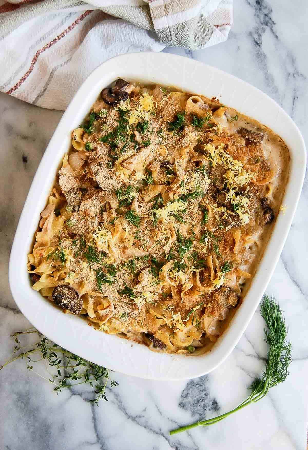tuna helper casserole in baking dish.