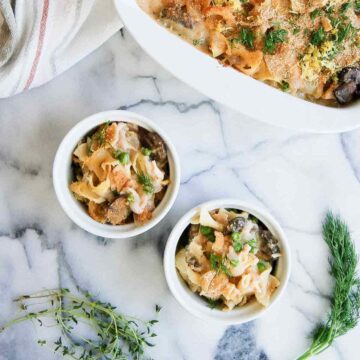 tuna helper casserole in individual bowls.