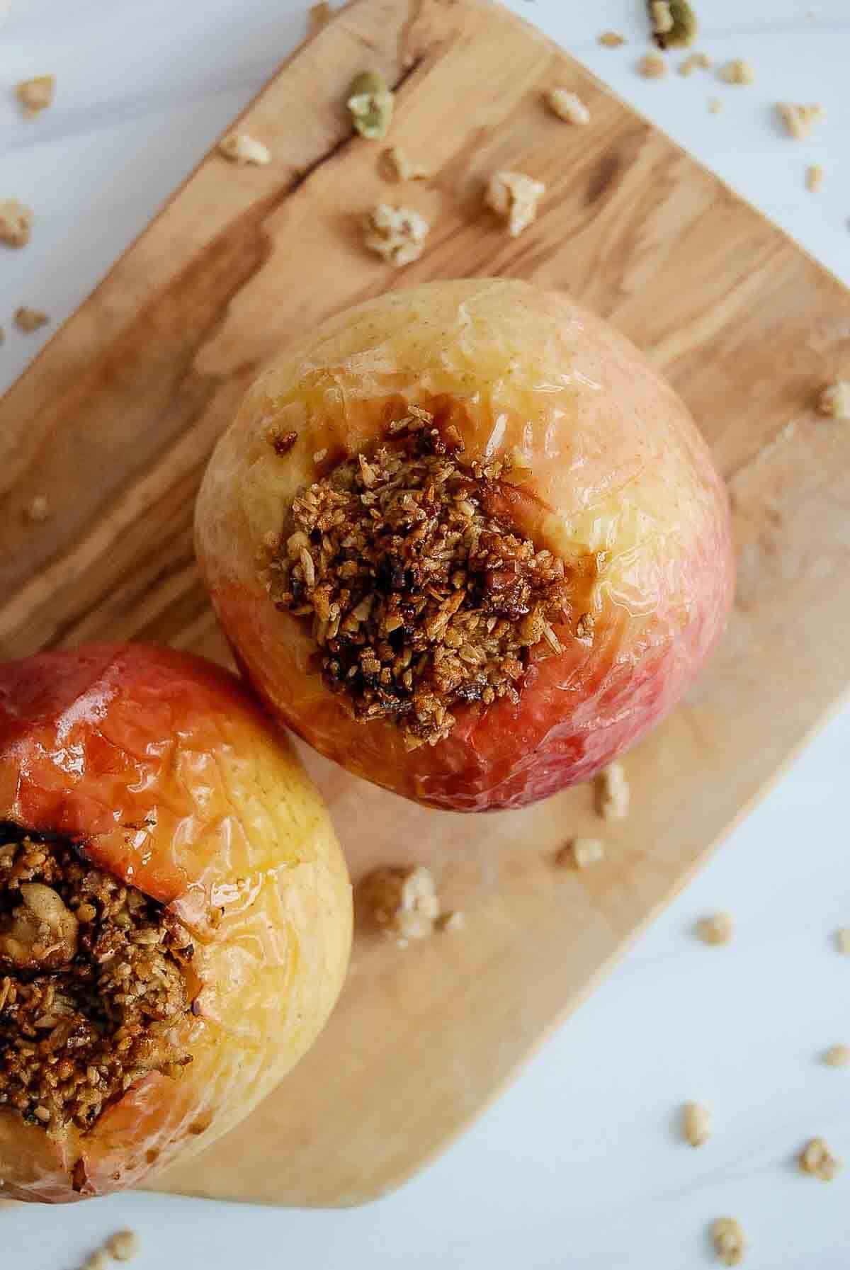 closeup of stuffed air fryer apples.