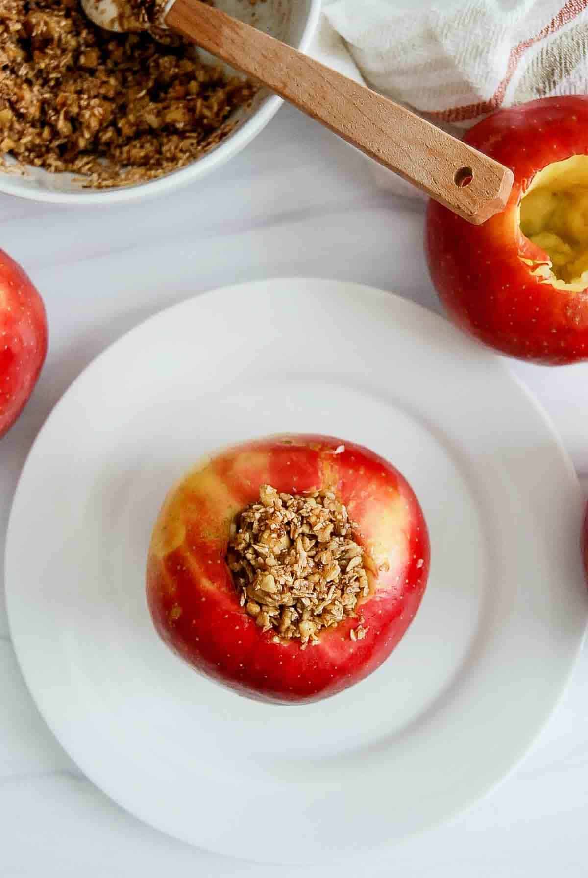cored apple with oat and walnut stuffing.