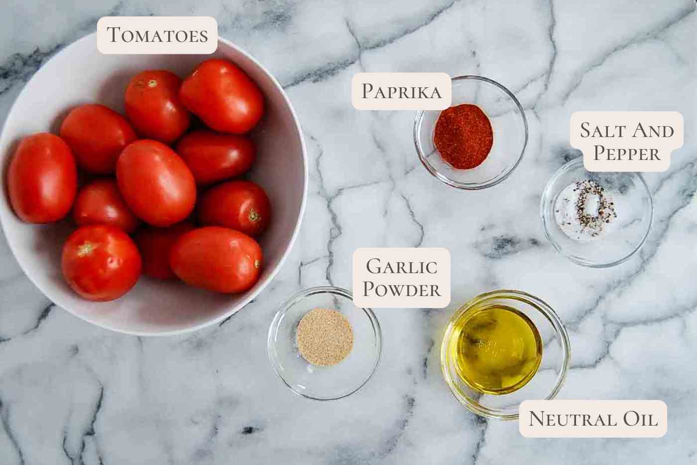 ingredients for fire roasted tomatoes on countertop, labeled.