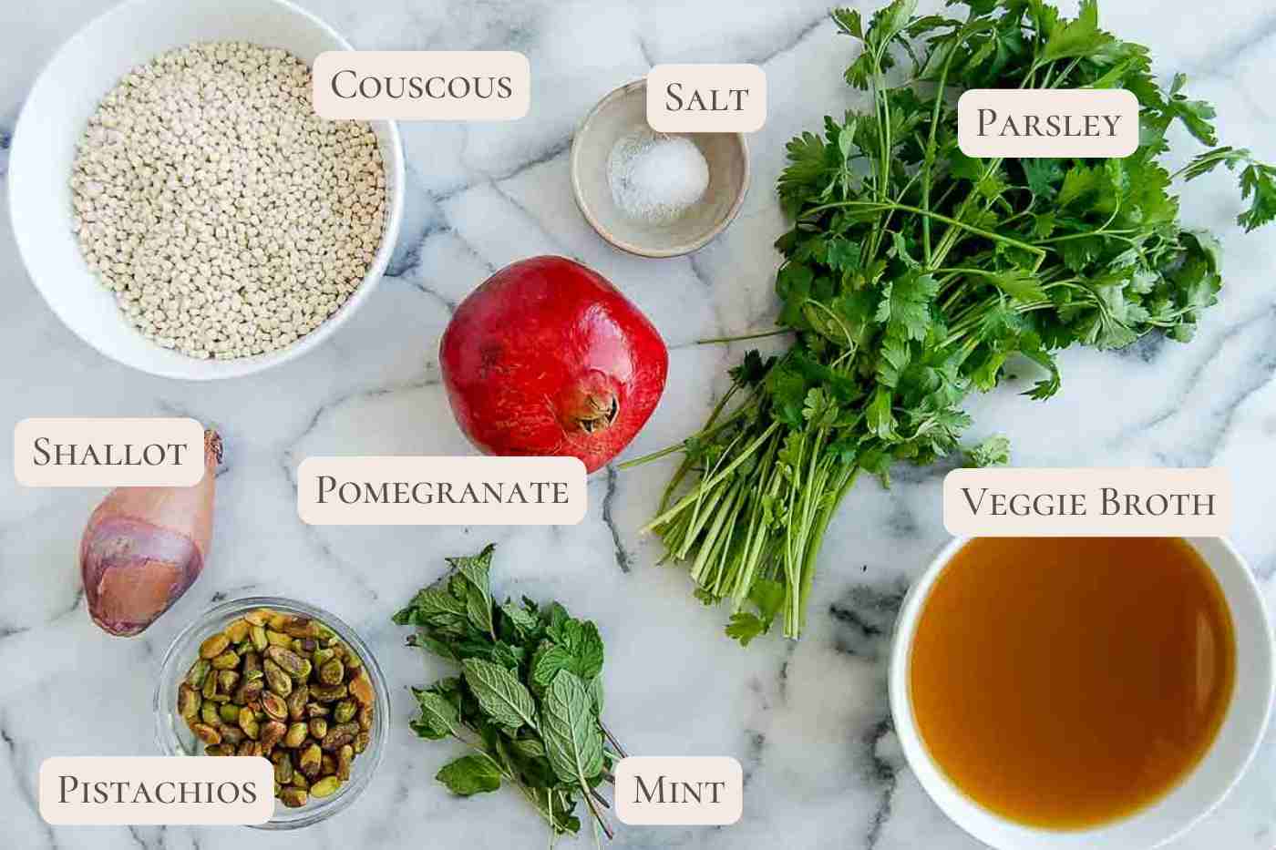 ingredients for pomegranate couscous salad.