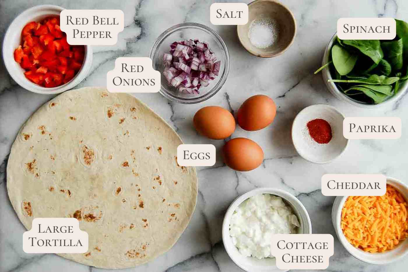 ingredients for high protein tortilla quiche bake on countertop, labeled.