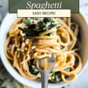 crock pot chicken spaghetti on a fork.