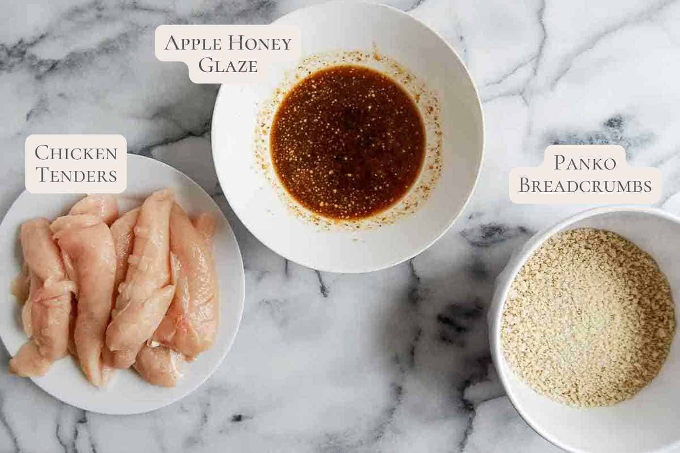 ingredients for apple honey glazed chicken tenders on cutting board, labeled.