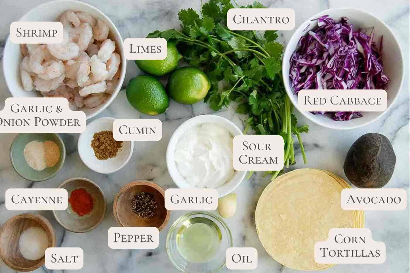 ingredients for shrimp tostadas and cilantro lime sauce on countertop.