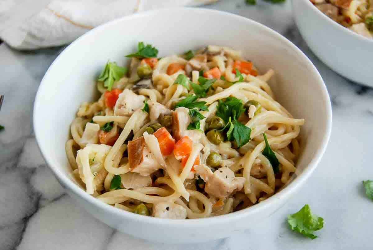 side view of turkey tetrazzini in bowl.