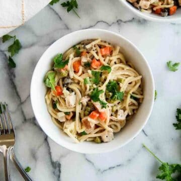 bowl of turkey tetrazzini on countertop.