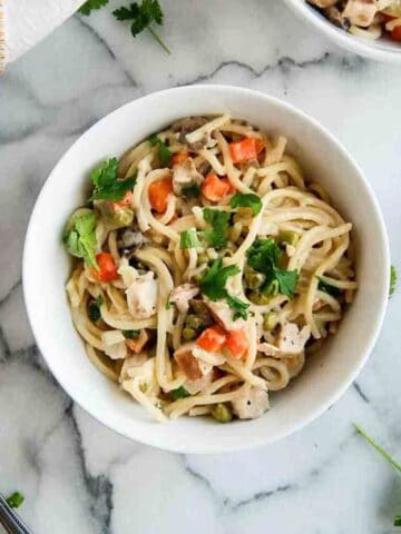 bowl of turkey tetrazzini on countertop.