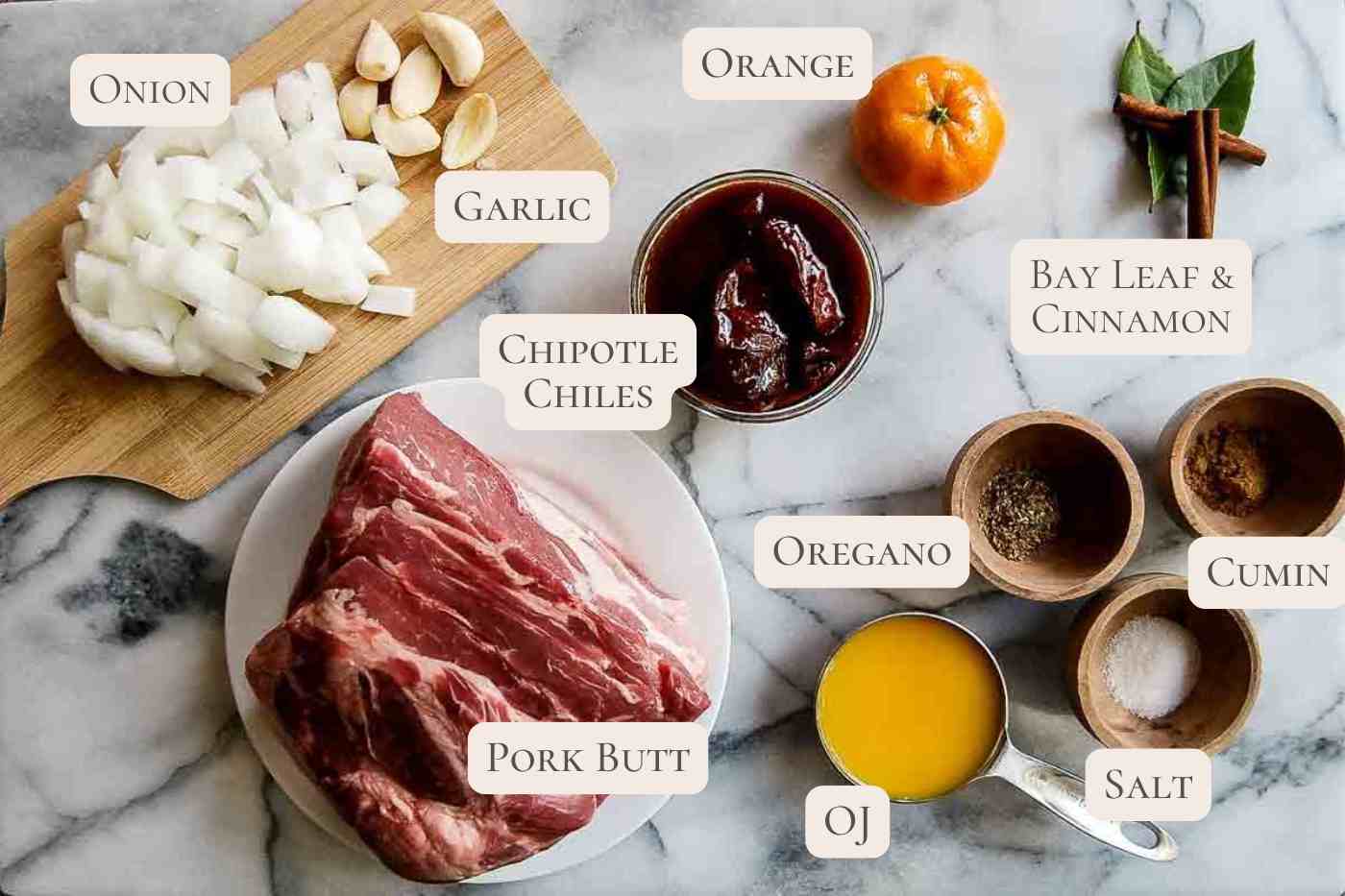 labeled ingredients for instant pot pork carnitas on countertop.