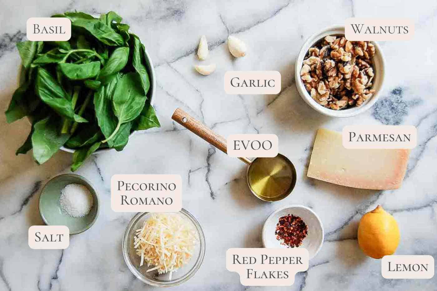 ingredients for basil walnut pesto on countertop.