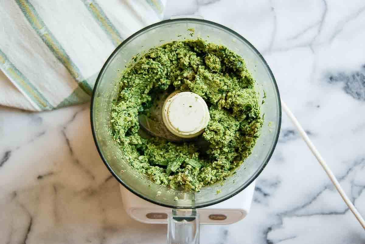 pulsed mixture of walnuts, garlic salt, cheese, and basil.