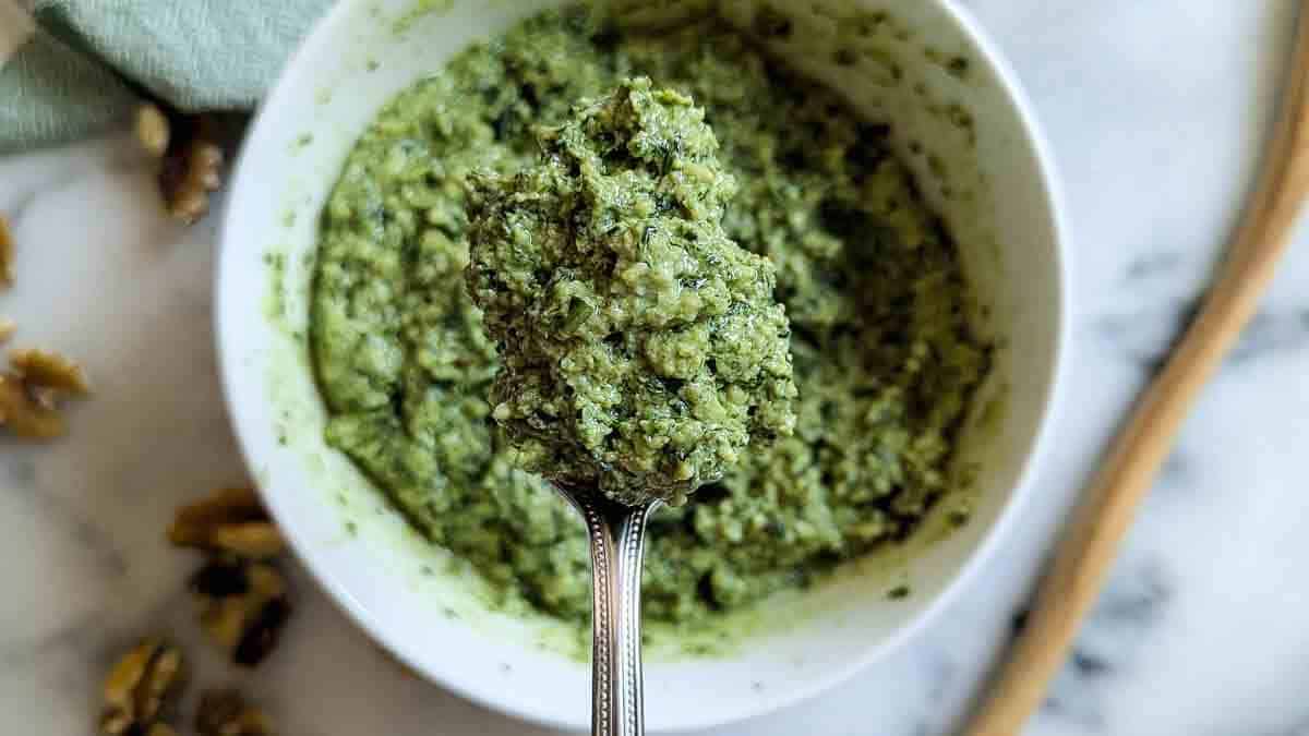 spoonful of basil walnut pesto.