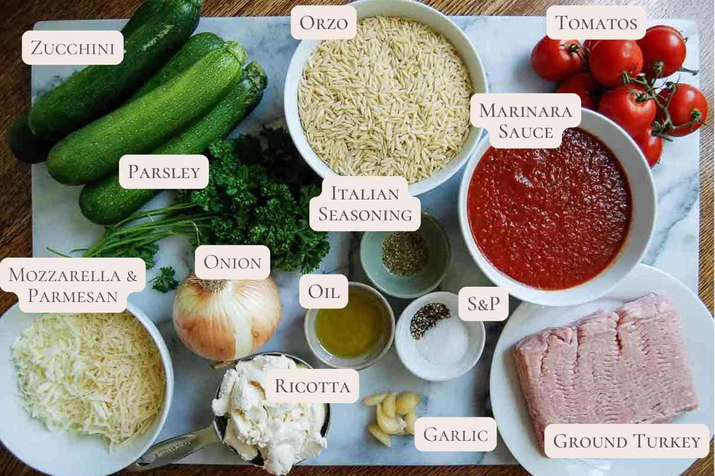 A countertop with labeled ingredients for a recipe: zucchini, orzo, tomatoes, parsley, marinara sauce, Italian seasoning, mozzarella and parmesan, onion, oil, salt and pepper, ricotta, garlic, and ground turkey.