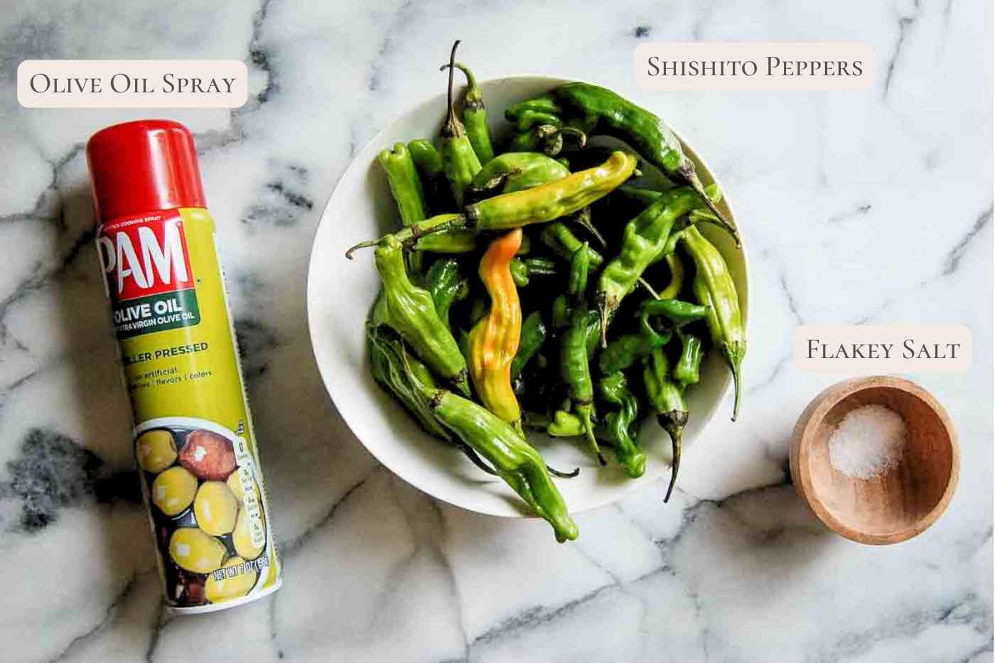 A can of olive oil spray, a bowl of shishito peppers, and a small wooden bowl of flaky salt are arranged on a marble countertop. Labels identify each item.
