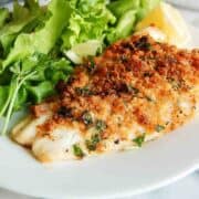A white plate with a baked, breadcrumb-crusted cod fillet garnished with herbs, served alongside fresh green lettuce and a lemon wedge.