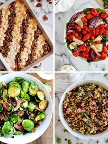 A collage of four dishes: sweet potato casserole with marshmallows and pecans, roasted tomatoes and red onions with greens, sautéed Brussels sprouts with bacon, and a bowl of grain salad with herbs and pomegranate.