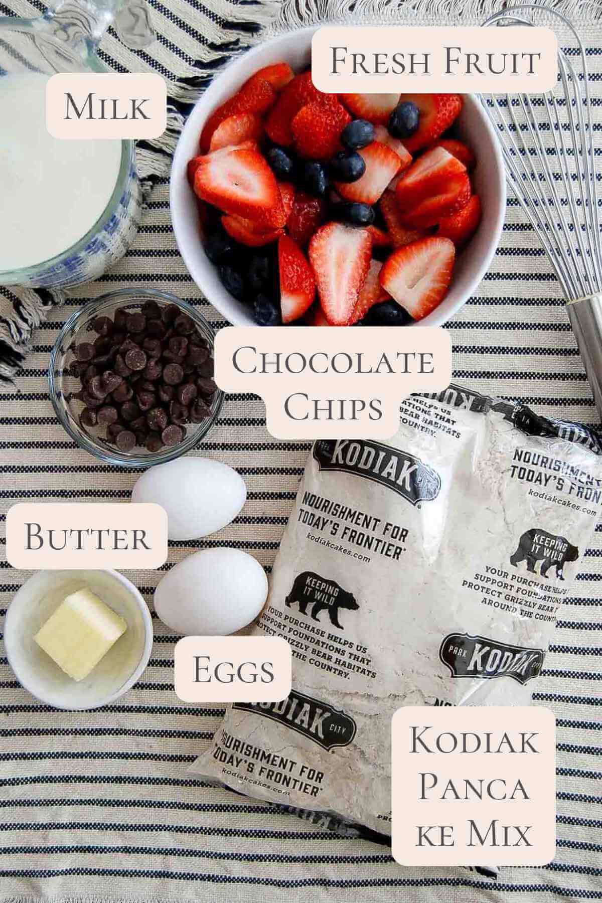 Pancake ingredients on a striped cloth: a bowl of mixed fresh fruit, a bowl of chocolate chips, a cup of milk, two eggs, a pat of butter, and a bag of Kodiak pancake mix.