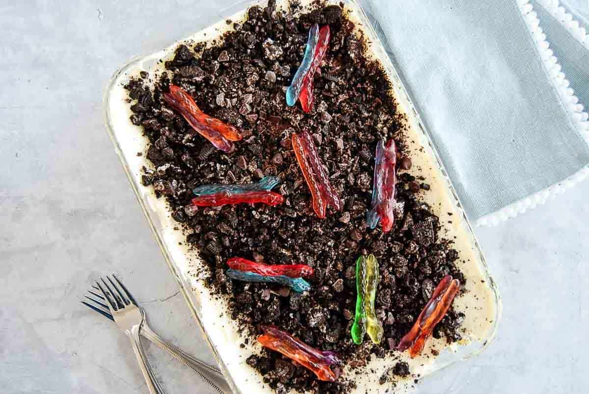 A rectangular dish filled with dirt cake.