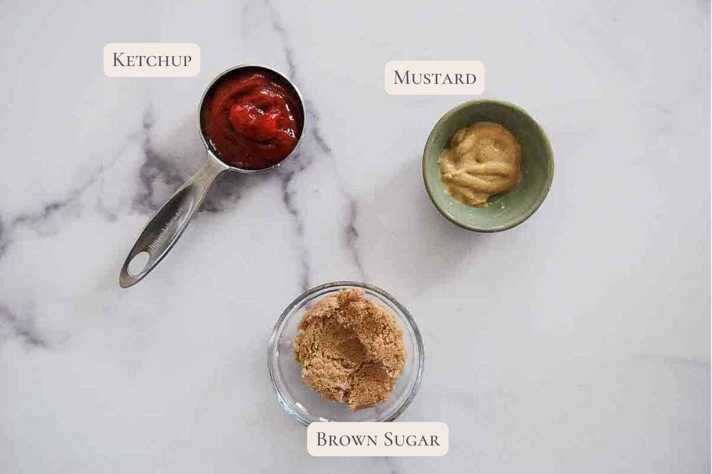 ingredients for mini meatloaf sauce on countertip.