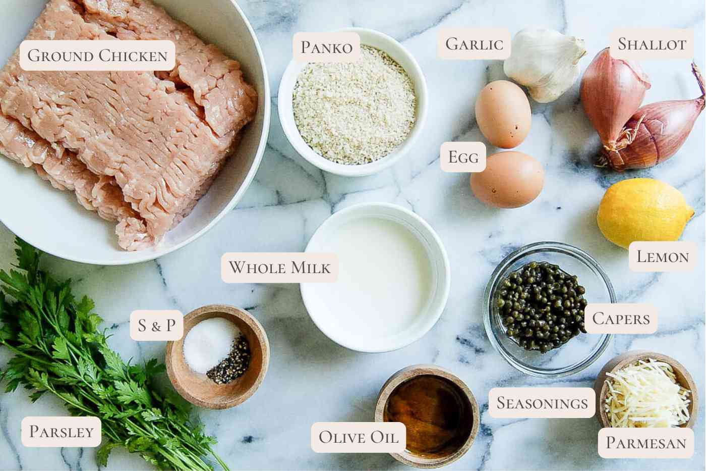 labeled ingredients for chicken piccata meatballs on a countertop.
