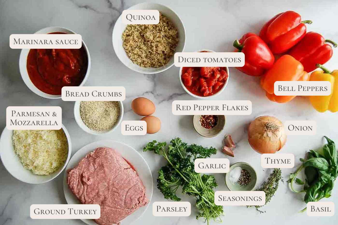 Ingredients for ground turkey stuffed peppers are arranged on a white surface, each labeled.