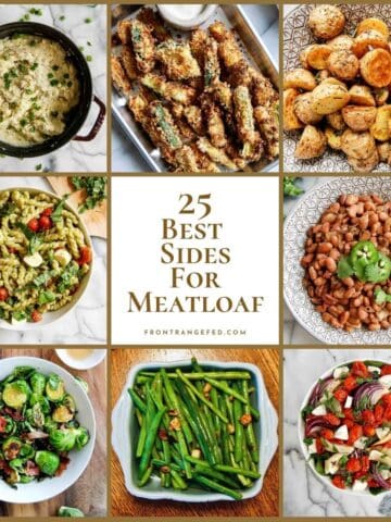A collage featuring eight different side dishes, including mashed potatoes, roasted potatoes, green beans, pasta salad, Brussels sprouts, baked beans, and a caprese salad, with the text