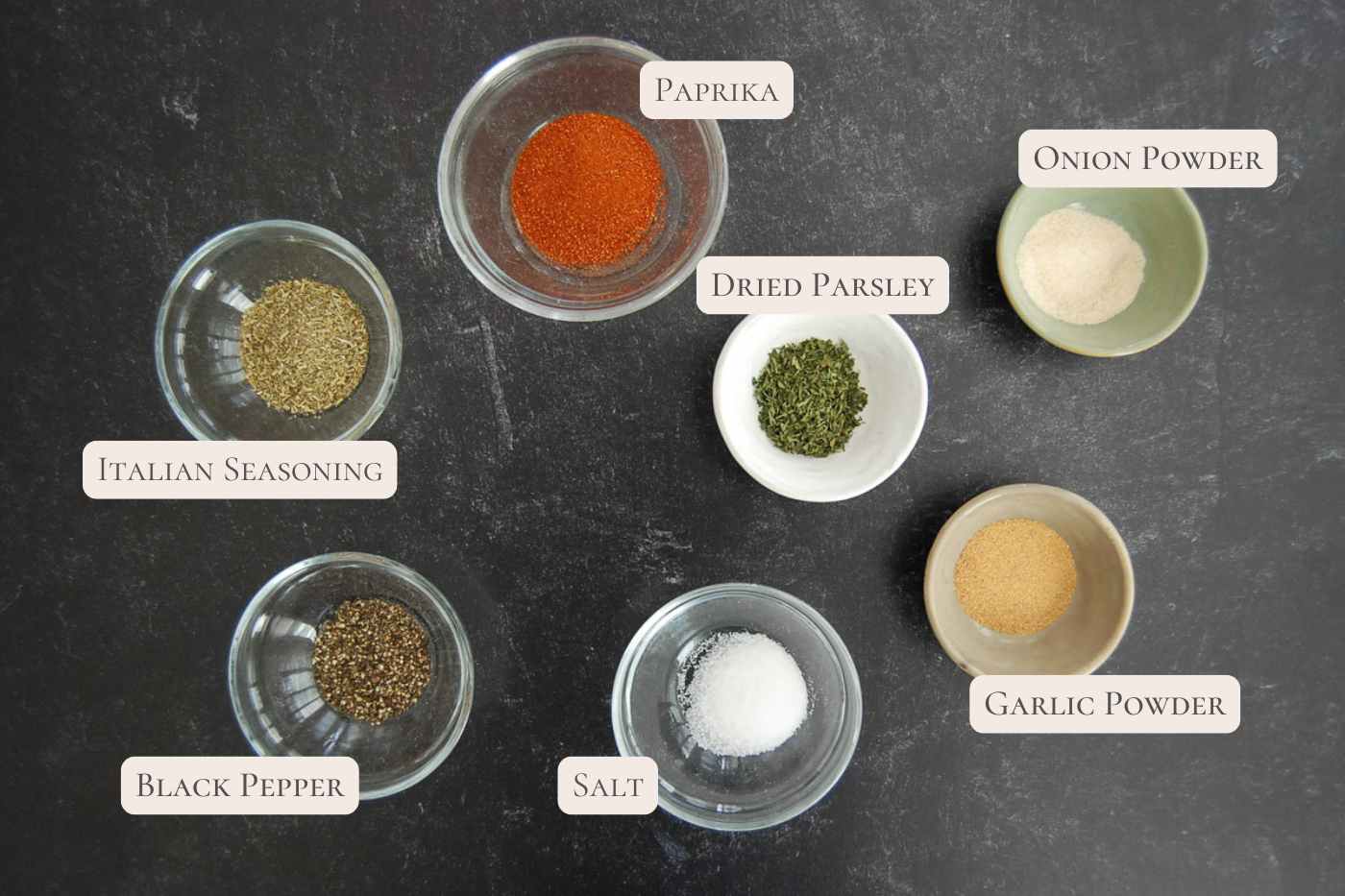 Seven small bowls of various spices and seasonings for a meatloaf seasoning blend: paprika, onion powder, dried parsley, garlic powder, salt, black pepper, and Italian seasoning, arranged on a dark surface.