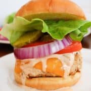A chicken burger with cheddar cheese, lettuce, pickles, tomato, red onion, and sauce on a white plate.